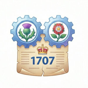 Illustration of a 1707 scroll under a crown, with a thistle and rose inside interlocking blue gears.