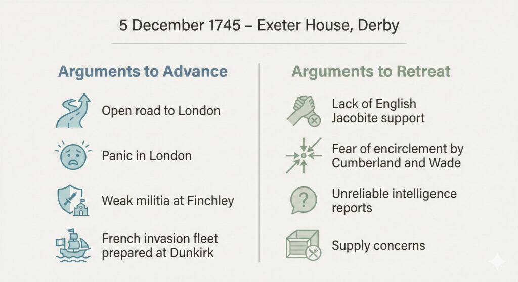 Infographic showing arguments for and against the Jacobite advance on London from Derby in 1745 with icons.