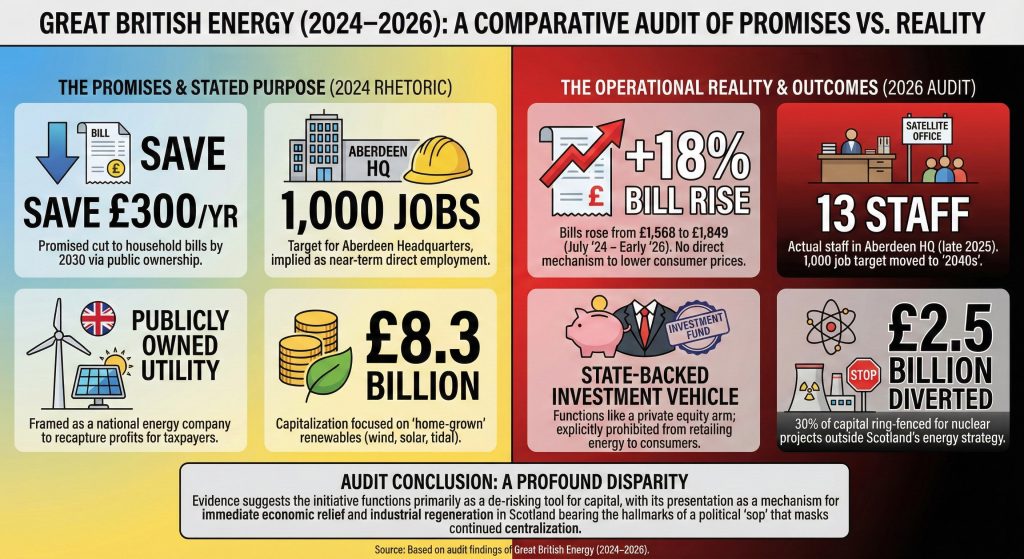 Infographic comparing Great British Energy 2024 promises of lower bills and jobs against the 2026 reality of rising costs and low staffing.