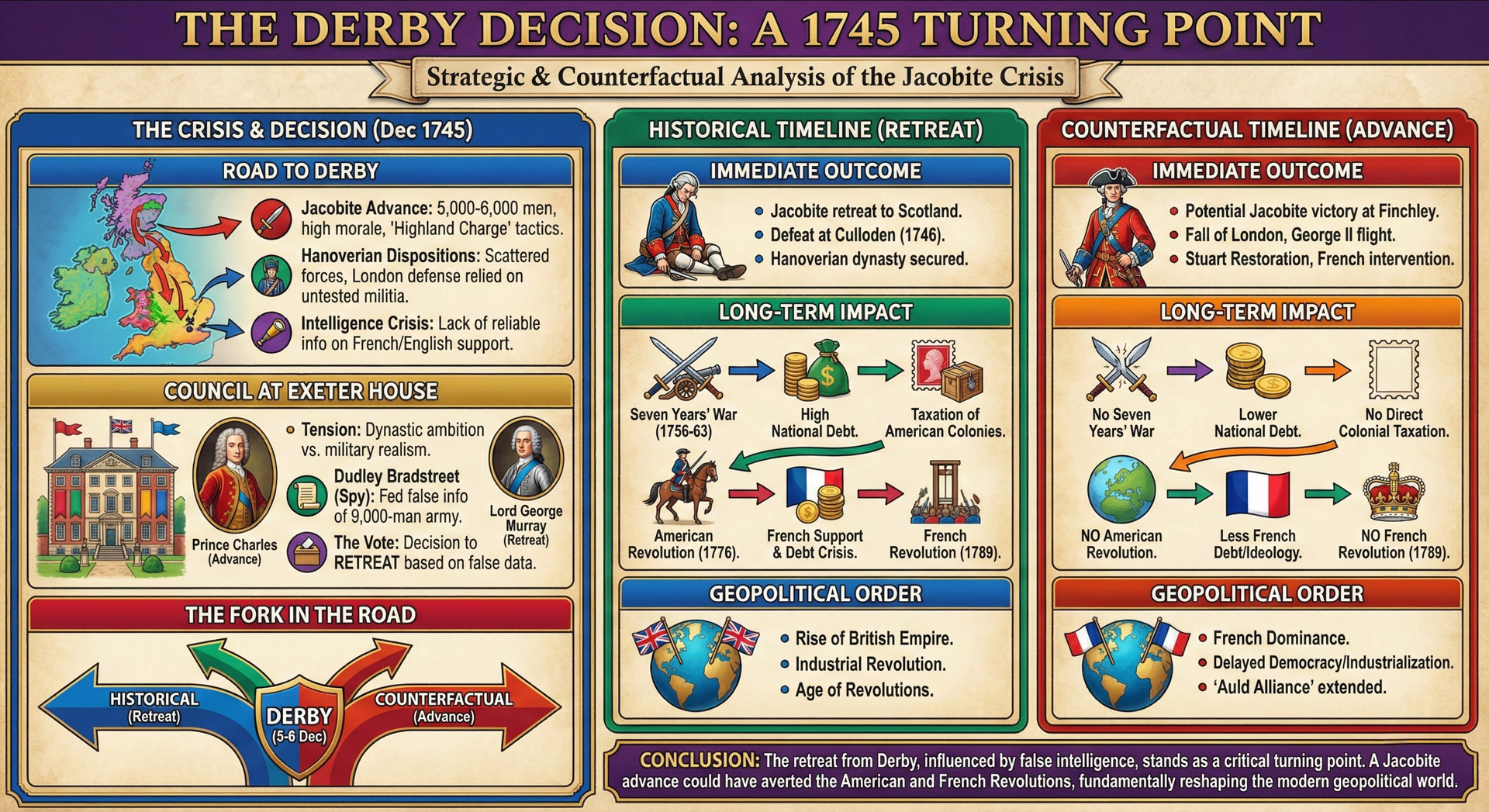 Infographic comparing the 1745 Jacobite retreat from Derby with a counterfactual timeline of a Stuart restoration.