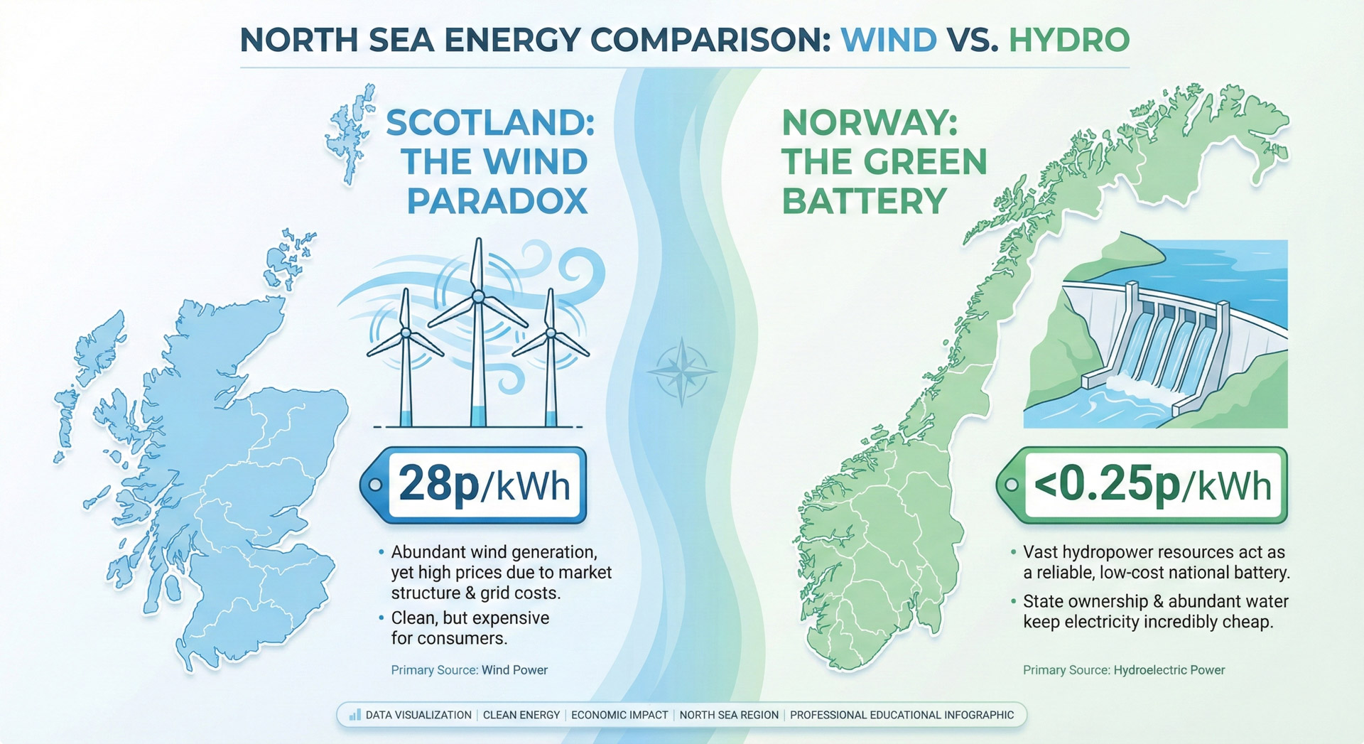 Chart analyzing the North Sea Divide: Comparing Scotland's high wind power electricity costs against Norway's low hydro pricing for 2025-2026.