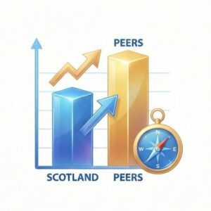 3D bar chart comparing Scotland in blue to peers in gold with upward arrows and a navigation compass.
