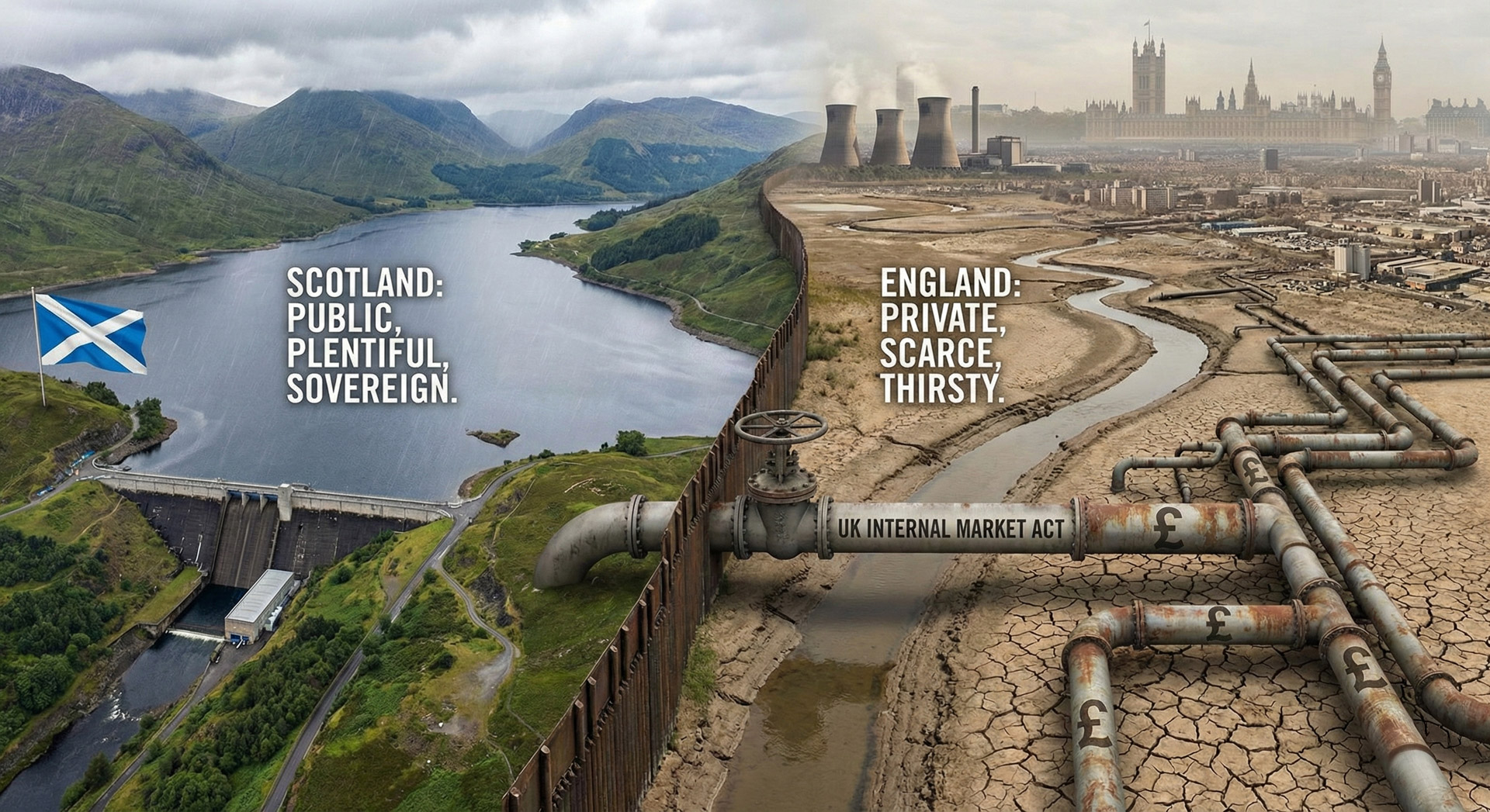 Split image of lush rainy Scotland and parched dry England divided by a pipe labeled UK Internal Market Act.