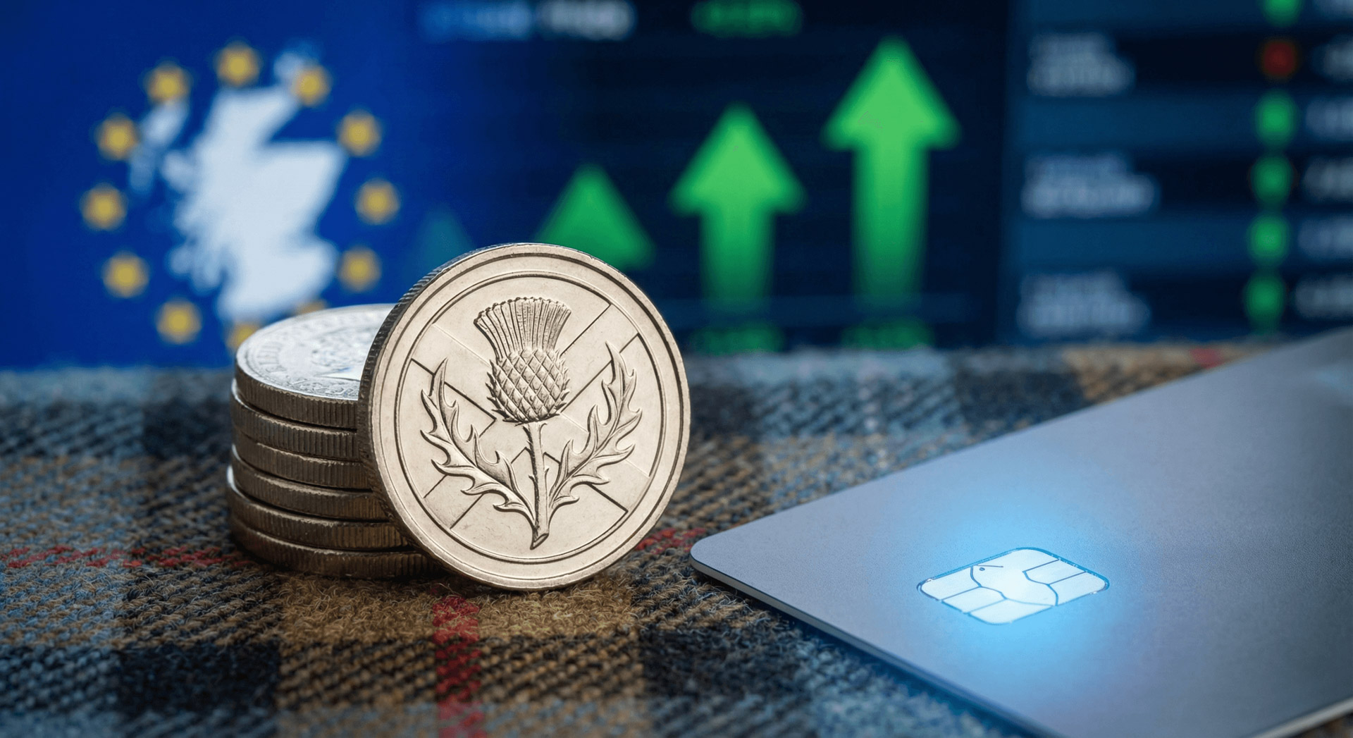 Scottish thistle coin and credit card on tartan fabric with green growth arrows and a map of Scotland in the background.