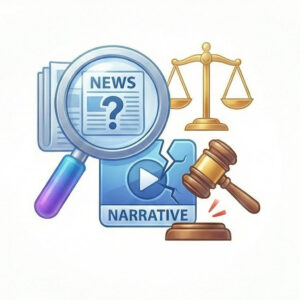 Illustration of a magnifying glass over a news sheet, a gavel, scales of justice, and a broken narrative icon.
